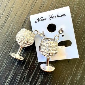 Silver wine glass earrings with rhinestones, a wine lover’s delight! #winelover